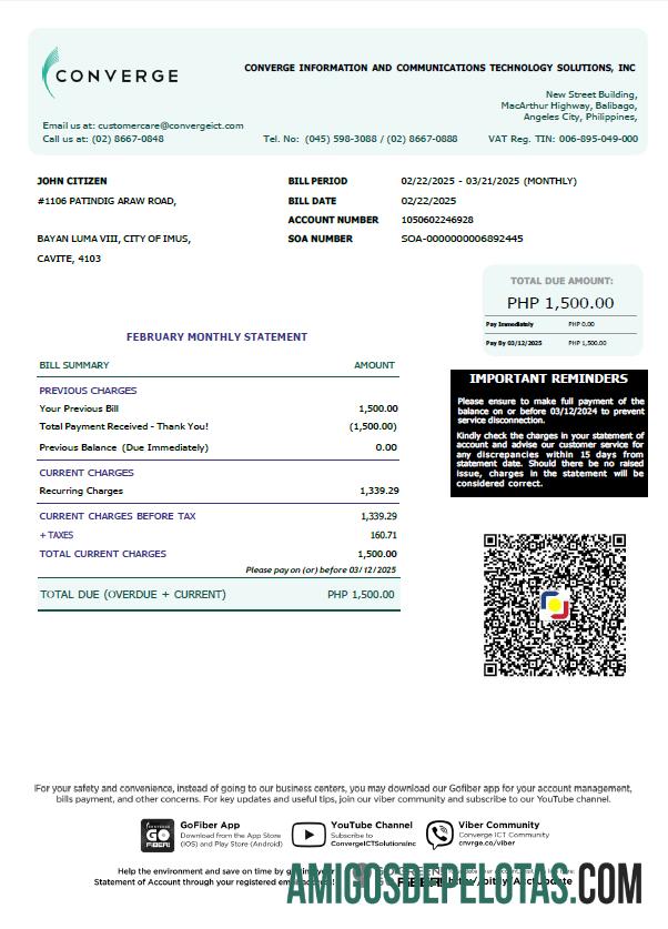 imprimível Modelo de conta de serviços públicos convergente das Filipinas em formatos Word e PDF